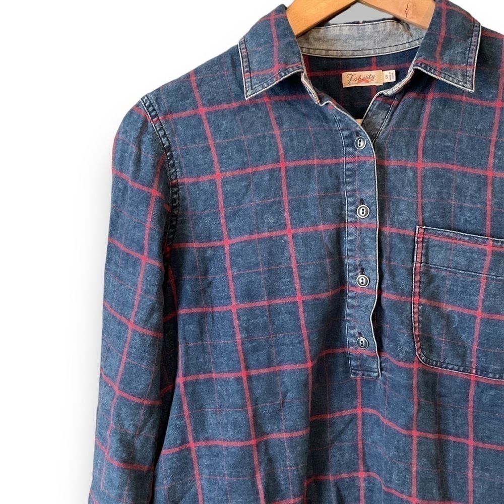 Faherty Blue Red Plaid 1/4 Button Flannel Raw Hem Long Sleeve Shirt Small - Picture 3 of 6